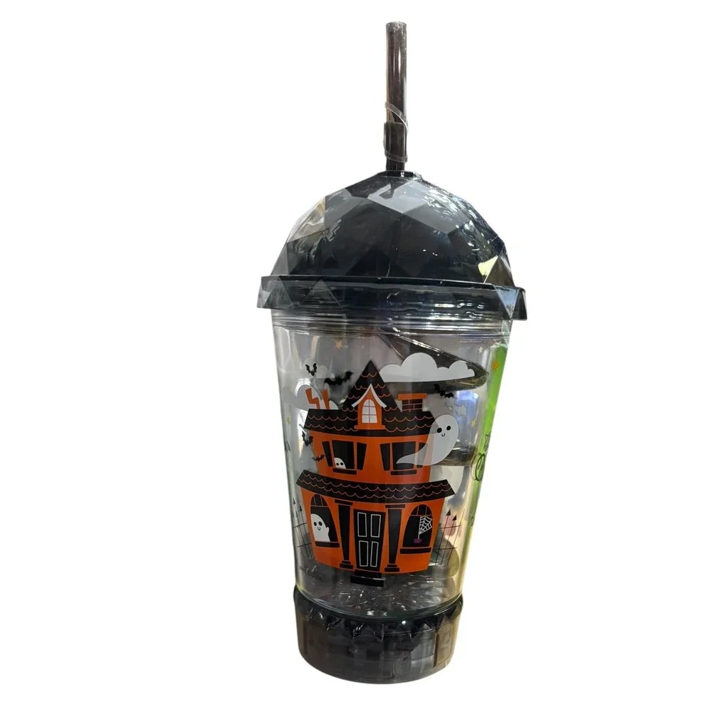 Halloween‎ Light Up Flashing Black & White Dome Tumbler Cup with Straw NEW